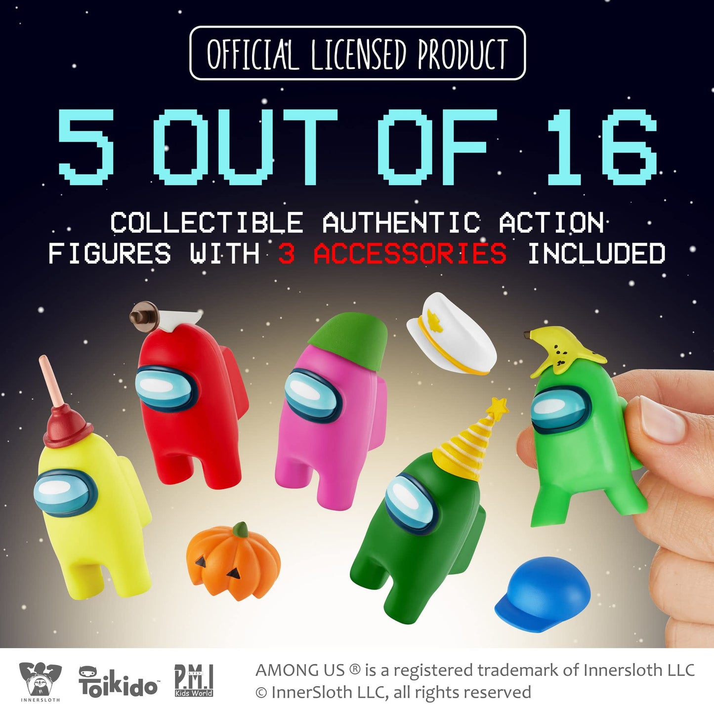 P.M.I. Crewmate Figures | 5 Toys Out Of 16 Collectibles In 1 Pack | Merch Incl. The Peeled And The Clogged | 1 Hidden Impostor | Mini Toys With 3 Add’L Hats | Kids’ Toys