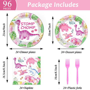 96Pcs Pink Dinosaur Plates And Napkins Party Supplies Watercolor Dinosaur Birthday Party Tableware Set Girls Dino Party Decorati