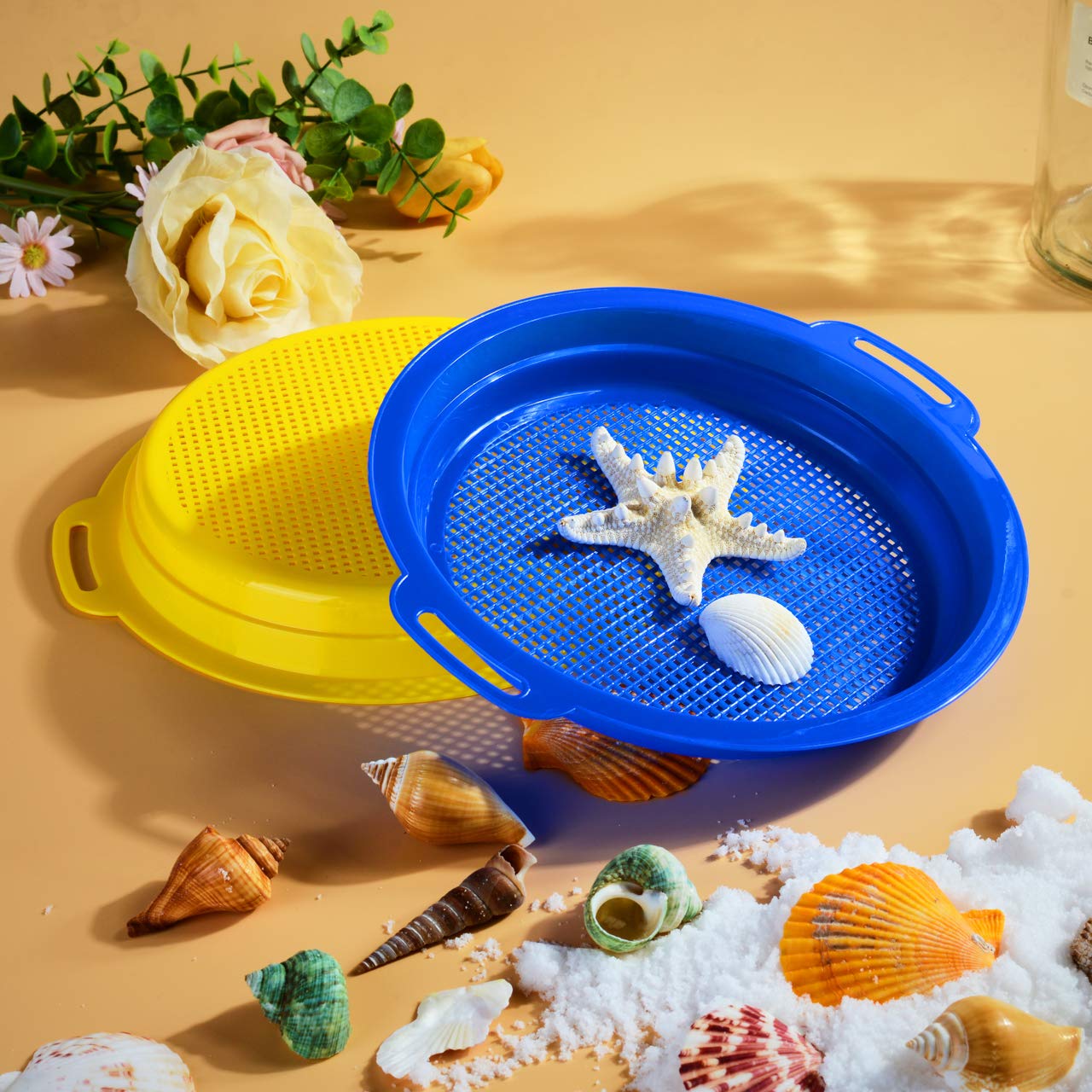 QINGLER Sand Sifters Sieve for The Beach Sand Toys (Red, Blue, Yellow & Green) Complete Gift Set Bundle-4Pack(8.75x 9.75in)