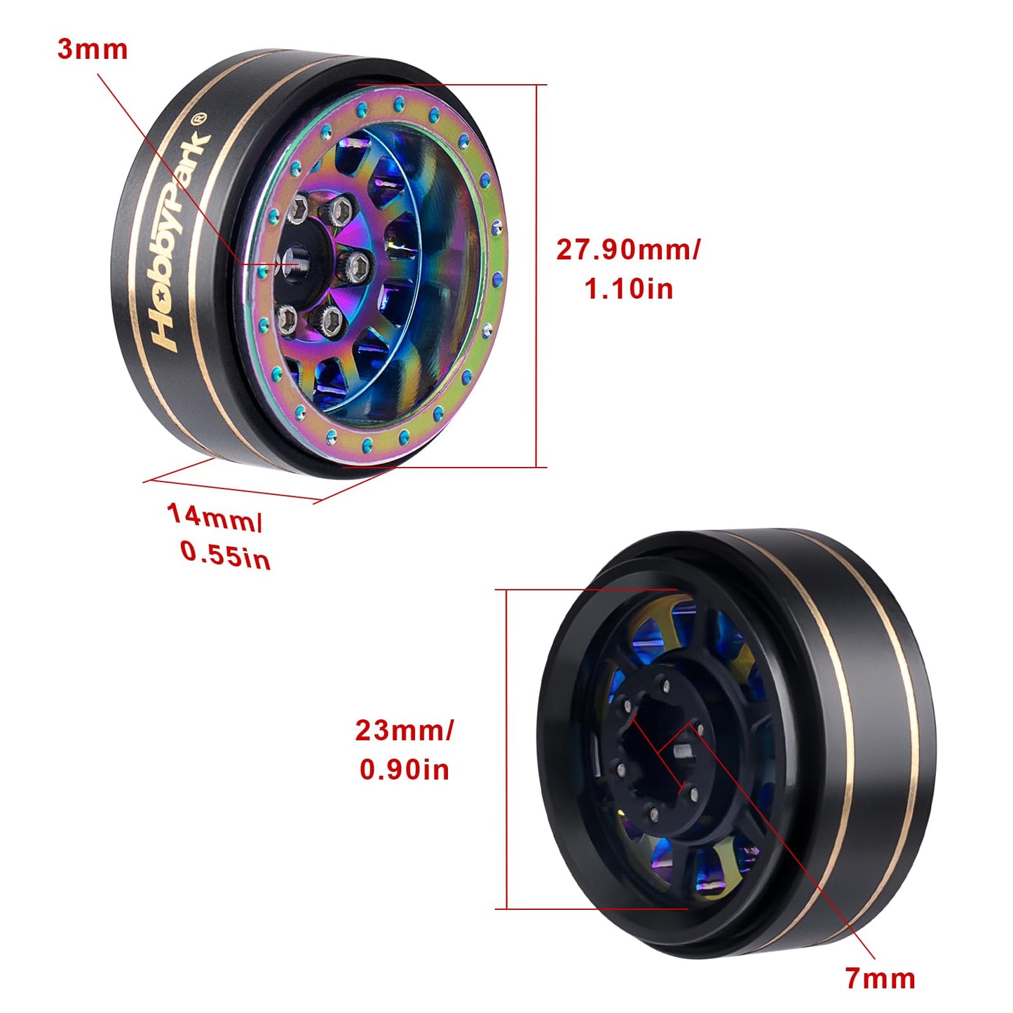 HobbyPark 1.0 Plus Beadlock Wheels Rims Rainbow Negative Offset -4mm for Traxxas TRX4M Axial SCX24 AX24 FCX24 1/24 1/18 RC Crawl