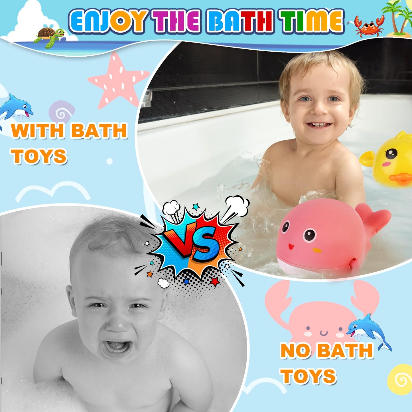 Ficcurys Baby Bath Toys 5 Pcs Set,Wind Up Bath Toys For Toddlers,Bathtub Toys For Kids,Dolphins,Crabs,Turtles,Ducks Floating Wat