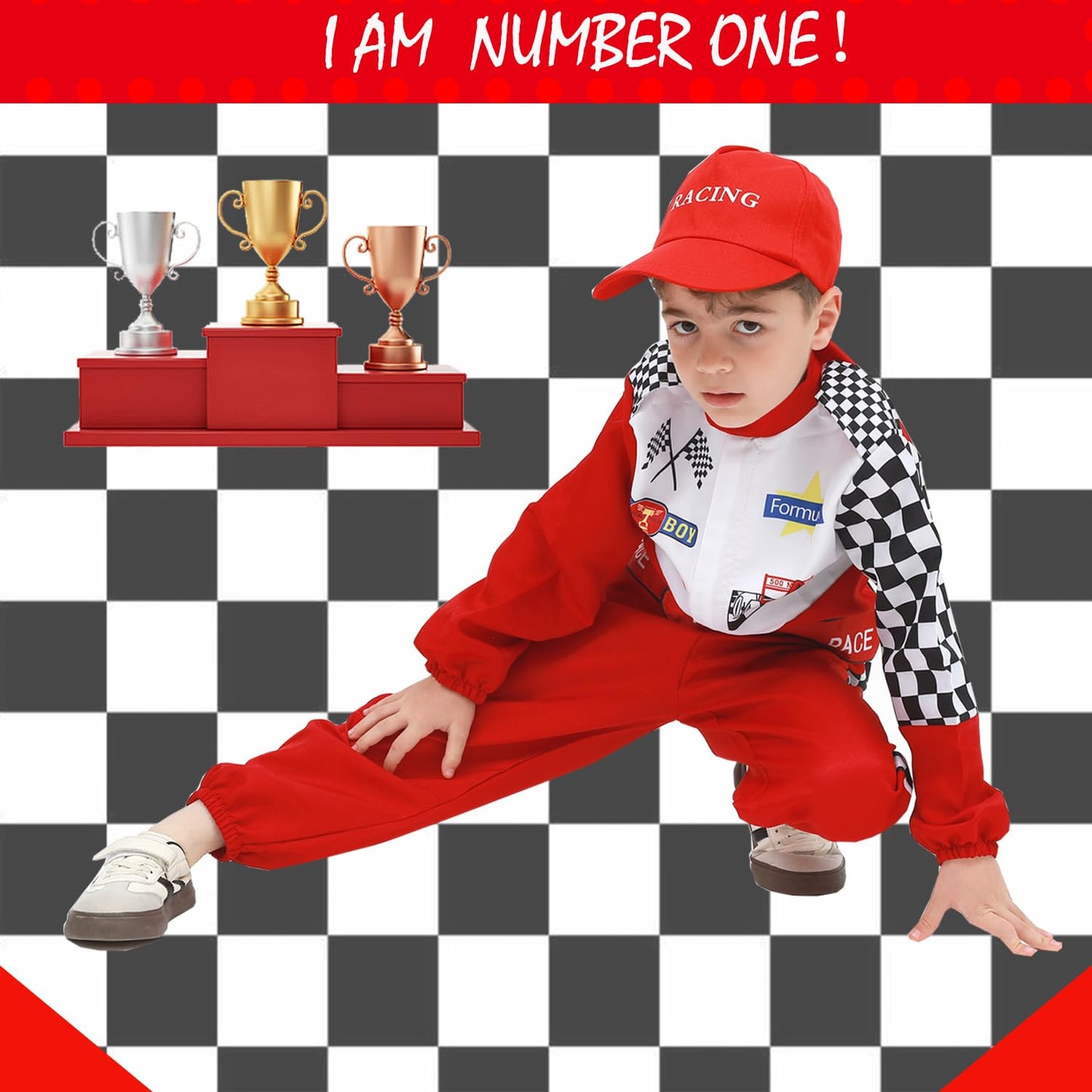 Aroacle Race Car Driver Costume Boys Racing Suit With Car Cap Sunglasses Kids Racer Dress Up For Halloween (Red, 10-12Y)