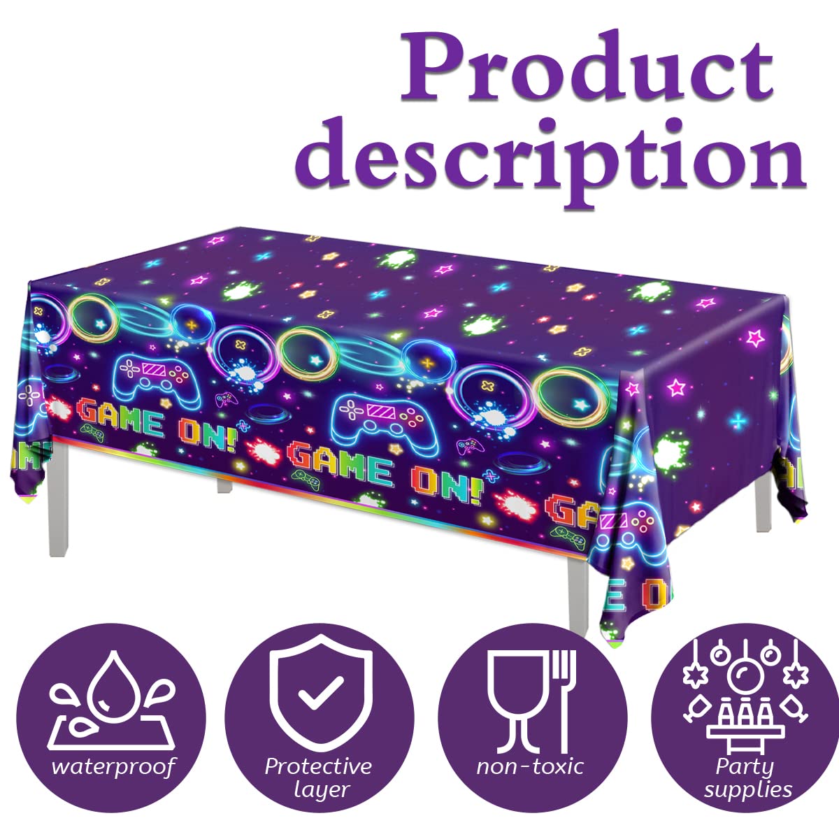 Pymurod 3Pcs Video Game Table Cloth Game On Neon Gaming Birthday Tablecloths For Kids Boys Girls Video Game Party Decorations Fa
