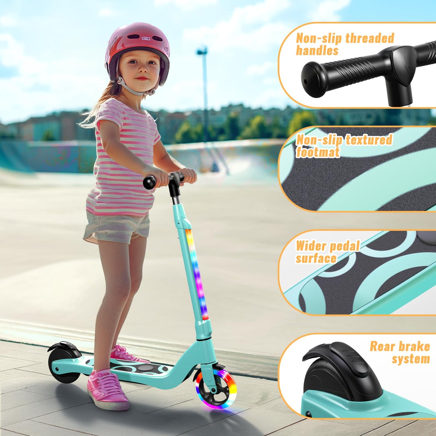 LIEAGLE Electric Scooter For Kids Age 6-12, 60W Motor, 5Miles Range, 6.2mph, 5.3 Rubber Tires w/RGB Wheel Lights & 7-Color Headl