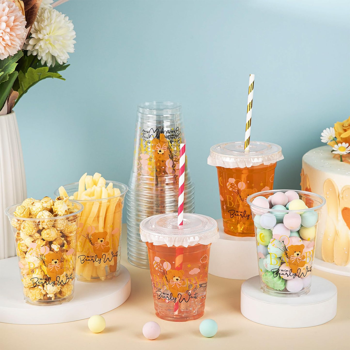 Foldtier 50 Pcs Baby Shower Party Disposable Plastic Cup 12 Oz Pink Bear Cups Thick Clear Cup Lids Straws Baby Shower Party Supp