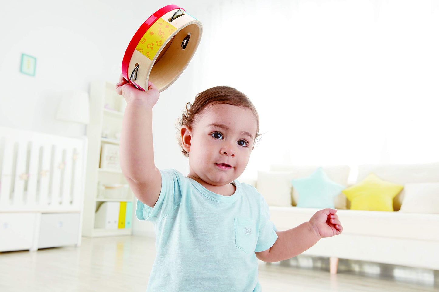 Hape Tap-Along Tambourine | Wooden Tambourine Drum For Kids, Musical Instrument For Children 12 Months And Up Multicolor, L: 6.5