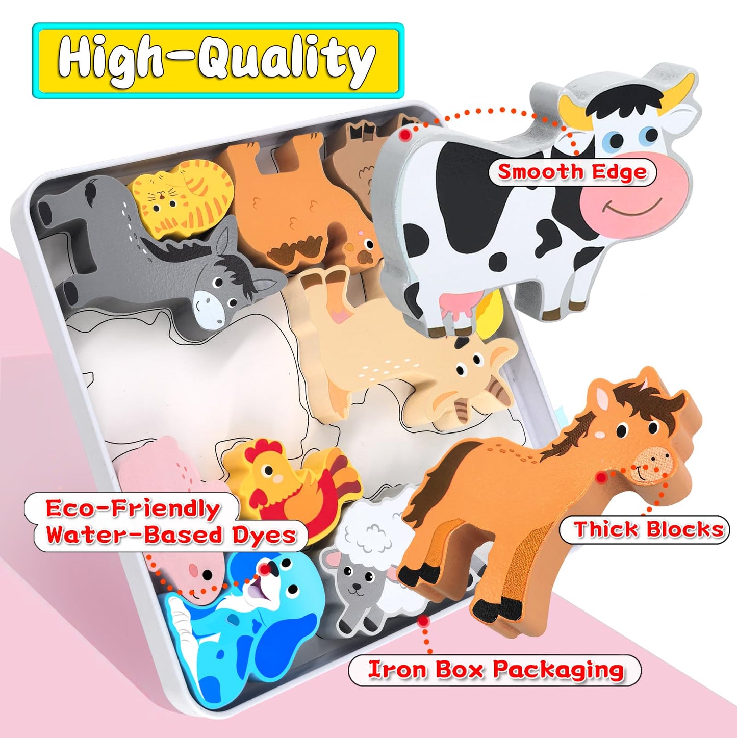 KECIABO Wooden Animal Puzzles Toys for Toddlers,12 Pcs Farm Animal Figures,Animal Matching Sorting Stacking Toys for Boys Child