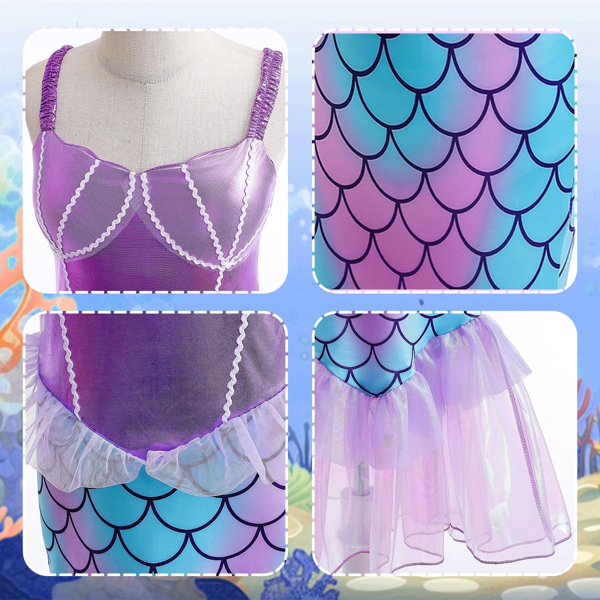 Itvti Little Girls Mermaid Costume Princess Dress Up Ariel Outfits With Accessories Wig Birthday Party Halloween Cosplay, Purple, 3-4 Years(Tag 110)