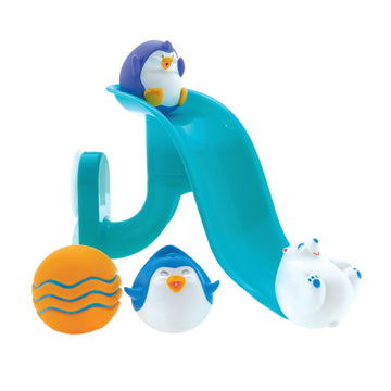 Nuby Penguin Slide Bath Toy Set with 4 Squirters - Small Multi Rubber Toy for 12+ Months