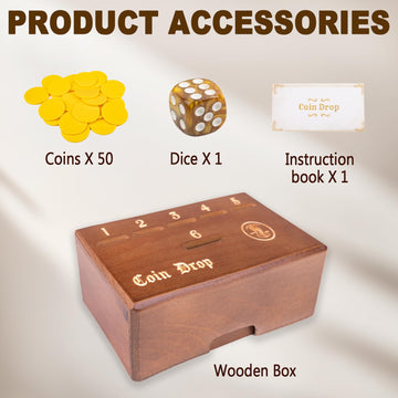 Wooden Coin Drop Game,Penny Game,Penny Coin Game,Contains 50 Coins,Game Box And 1 Dice,A Drop Penny Wooden Box Game To Interact