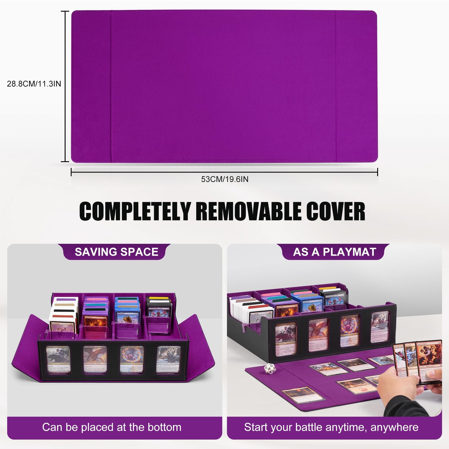 Kabinka Trading Card Storage Box - 2400+ Card Deck Case, Black & Purple, 4-Row with Removable Lid, Includes 4 Toploaders & Dice Bag