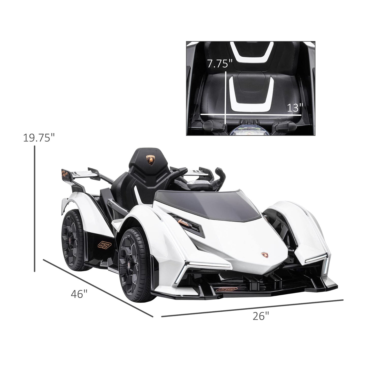 Aosom 12V Electric Ride-On Car, Licensed Lamborghini V12 Vision Gran Turismo Battery-Powered Ride-On Toy With Remote Control, Bluetooth, Music, Led Lights, For 3-6 Year Old Boys And Girls, White
