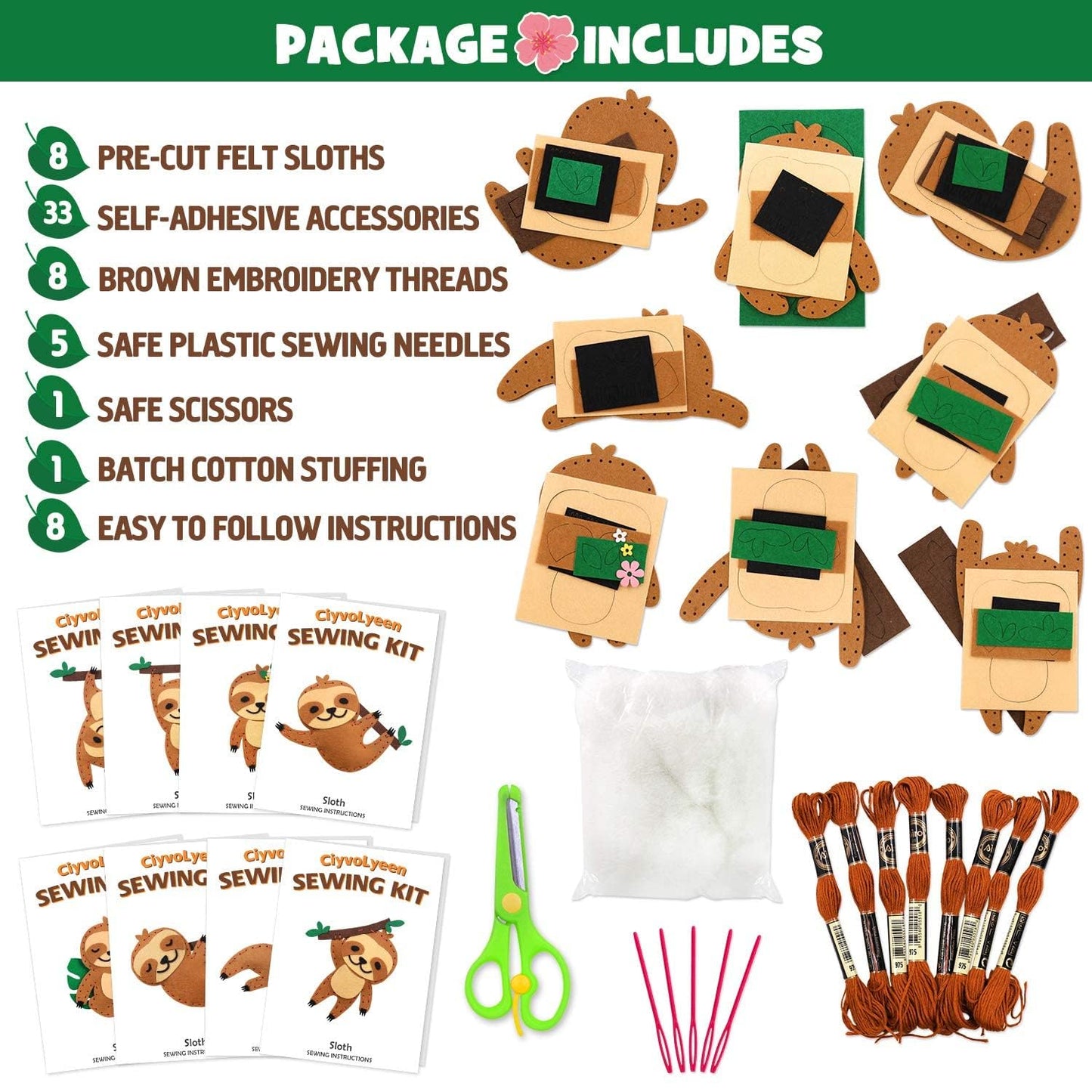 Ciyvolyeen Sloth Sewing Craft Kit Jungle Animal Diy Craft Sewing Kit For Girls And Boys Educational Sewing Kits For Kids Age 8 9 10 11 12 Craft Kit Includes 8 Projects