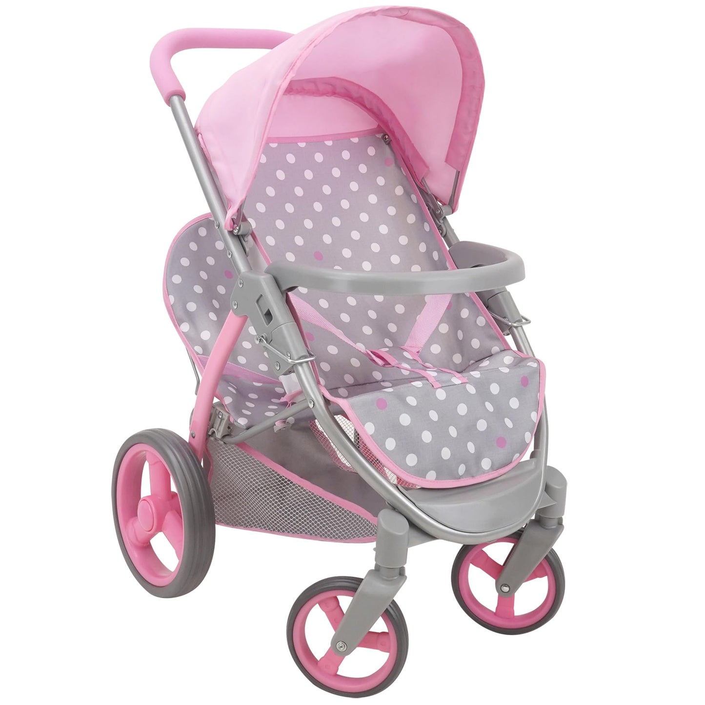 509 Crew: Cotton Candy Pink: Twin Tandem Doll Stroller - Pink, Grey, Polka Dot - Dolls Up To 18', Holds 2 Dolls, Foldable, Kids Pretend Play, Ages 3+