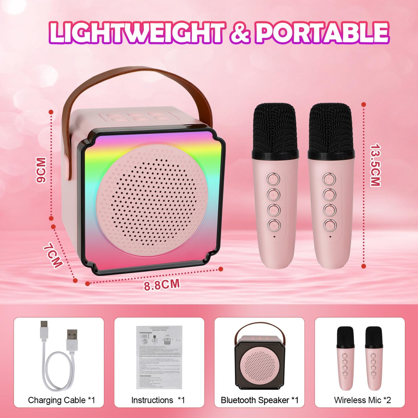 Deao Karaoke Machine For Kids Adults,Portable Bluetooth Speaker With Wireless Microphones, Fun Voice Changing Function-Toys For 5 6 7 8 9 10 Year Old Girl Boys Birthday Gifts (Pink)