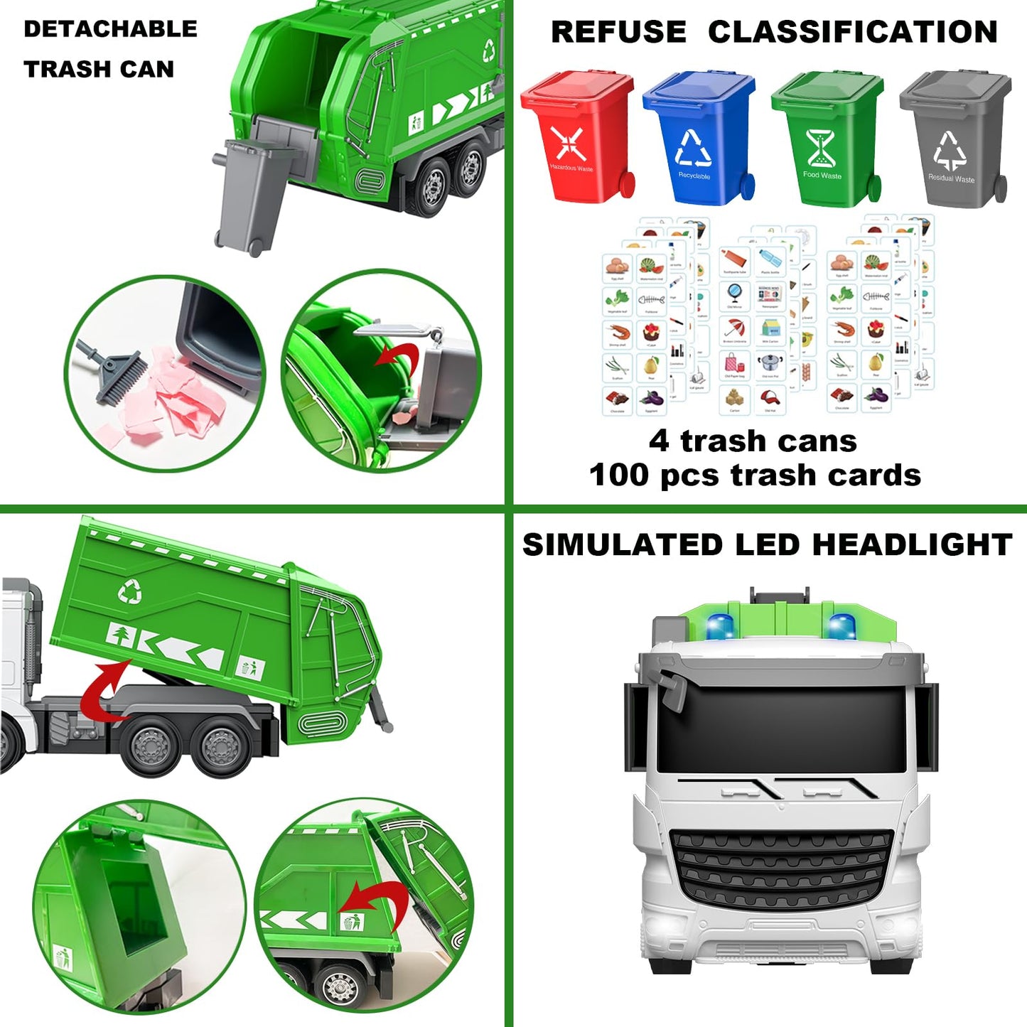 CALEST 2.4Ghz Remote Control Garbage Truck Toys,1/24 RC Garbage Truck with 4 Trash cans 6 Channel Remote Control Waste Managemen