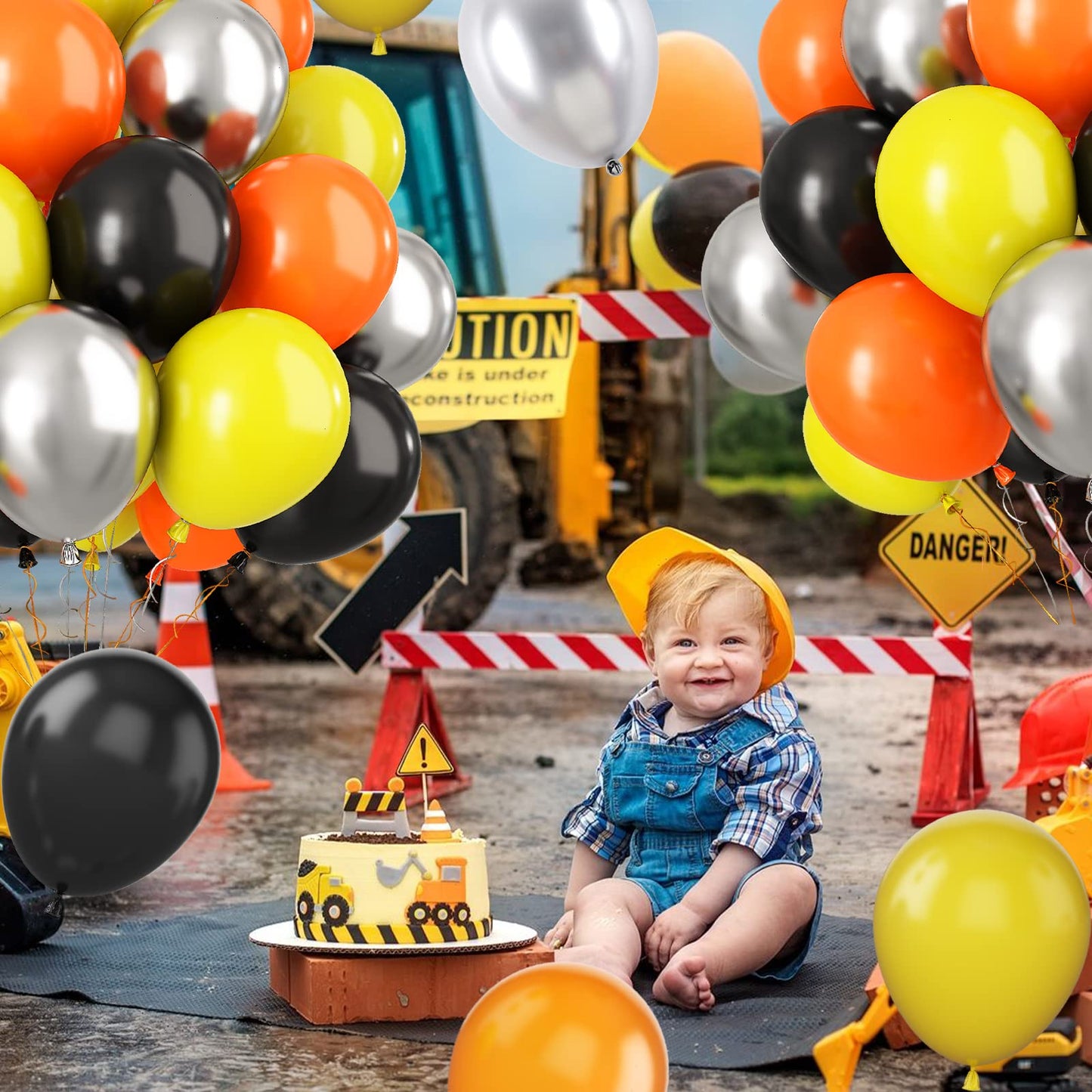 Paready 60 Pcs Balloons Set, 12 Inch Rubber Balloons in Black, Orange, Yellow & Metallic Silver for Kids Car Theme Birthday Decorations
