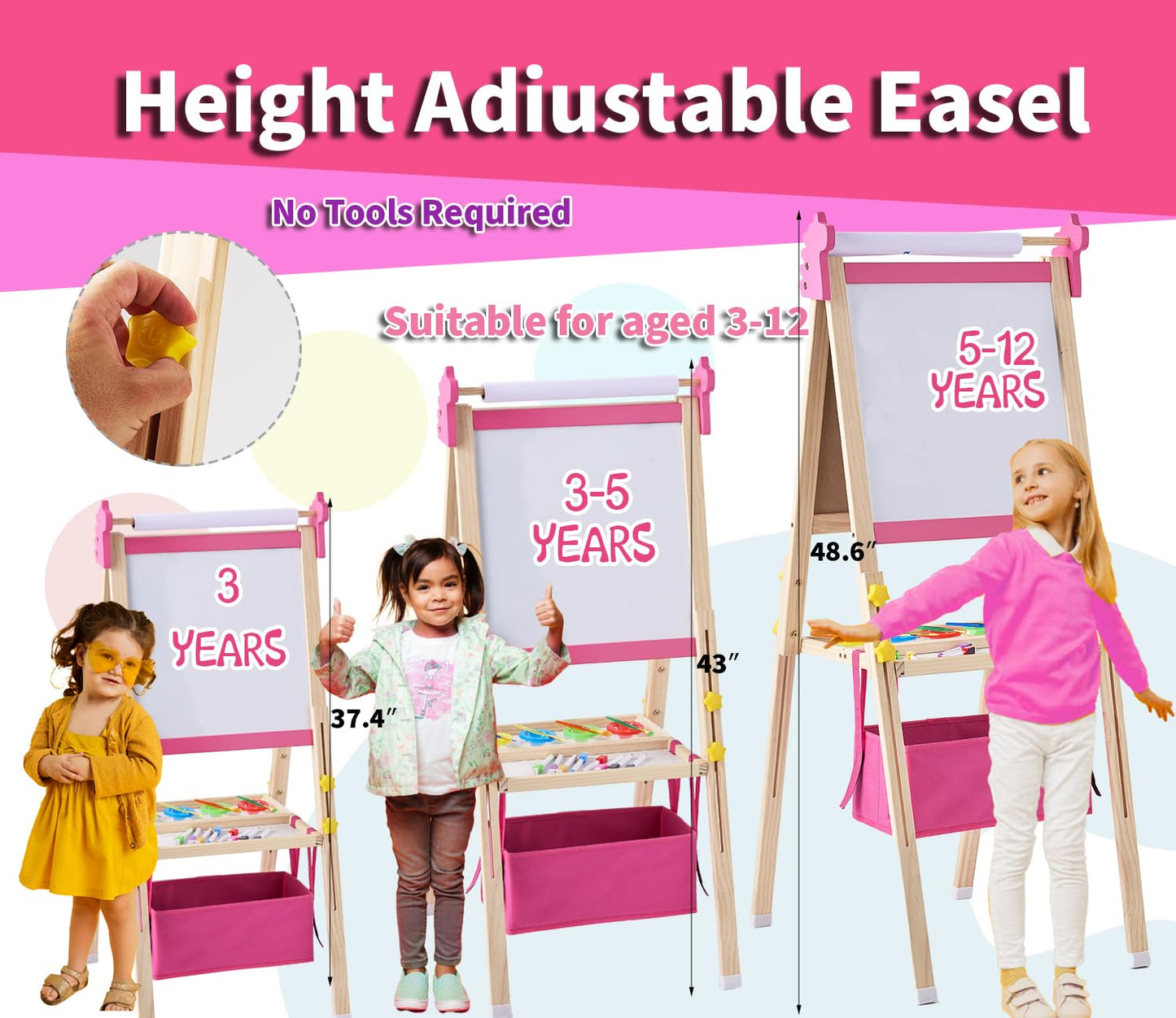 SWINSKUAD 2-in-1 Double Sided Kids Easel, Height-Adjustable Art Easel for Boys and Girls Ages 3-10, Including 100+ Accessories