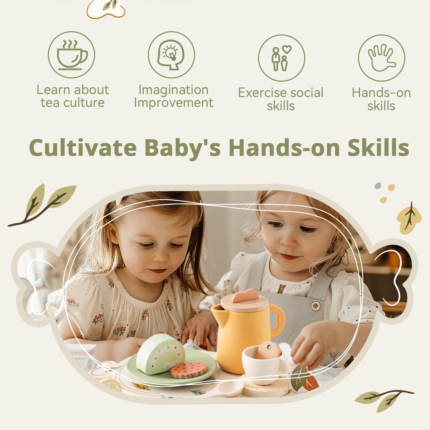 Tea Party Set for Kids - Wooden Tea Set for Little Girls 14PCS Silicone Toddler Tea Set Kitchen Accessories Pretend Play Toy Tea