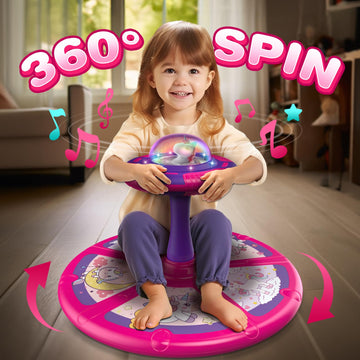 Flooyes Unicorn Sit and Spin Toy for Toddlers, 360° Spin with LED & Music, Pink, Medium/Standard, Perfect Birthday Gift for Ages 2-4
