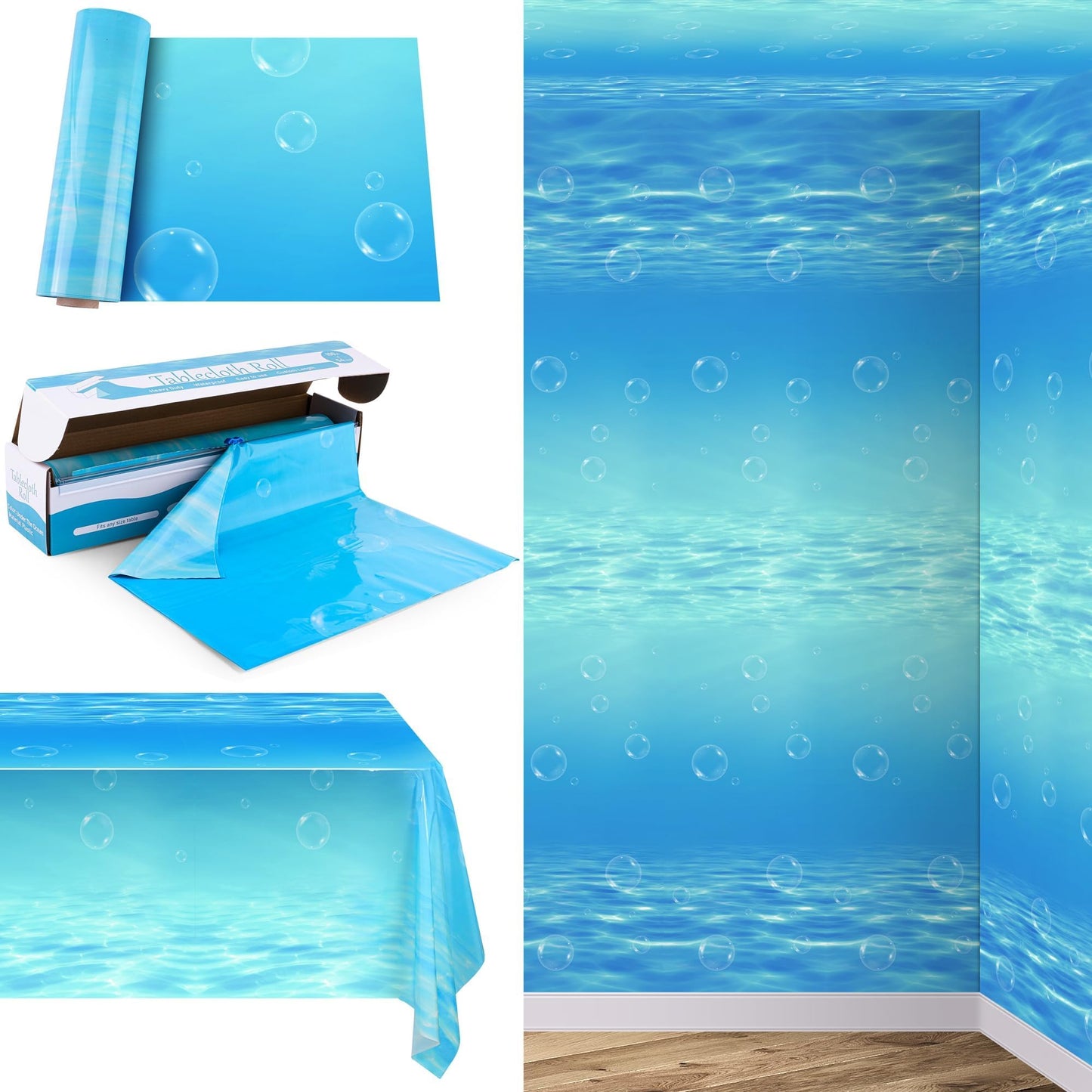 Kochorie 54 Inch x 200 Ft Ocean Waves Plastic Tablecloth Roll in Slide Cutter Box Under the Sea Table Cover Blue Water Print Bac