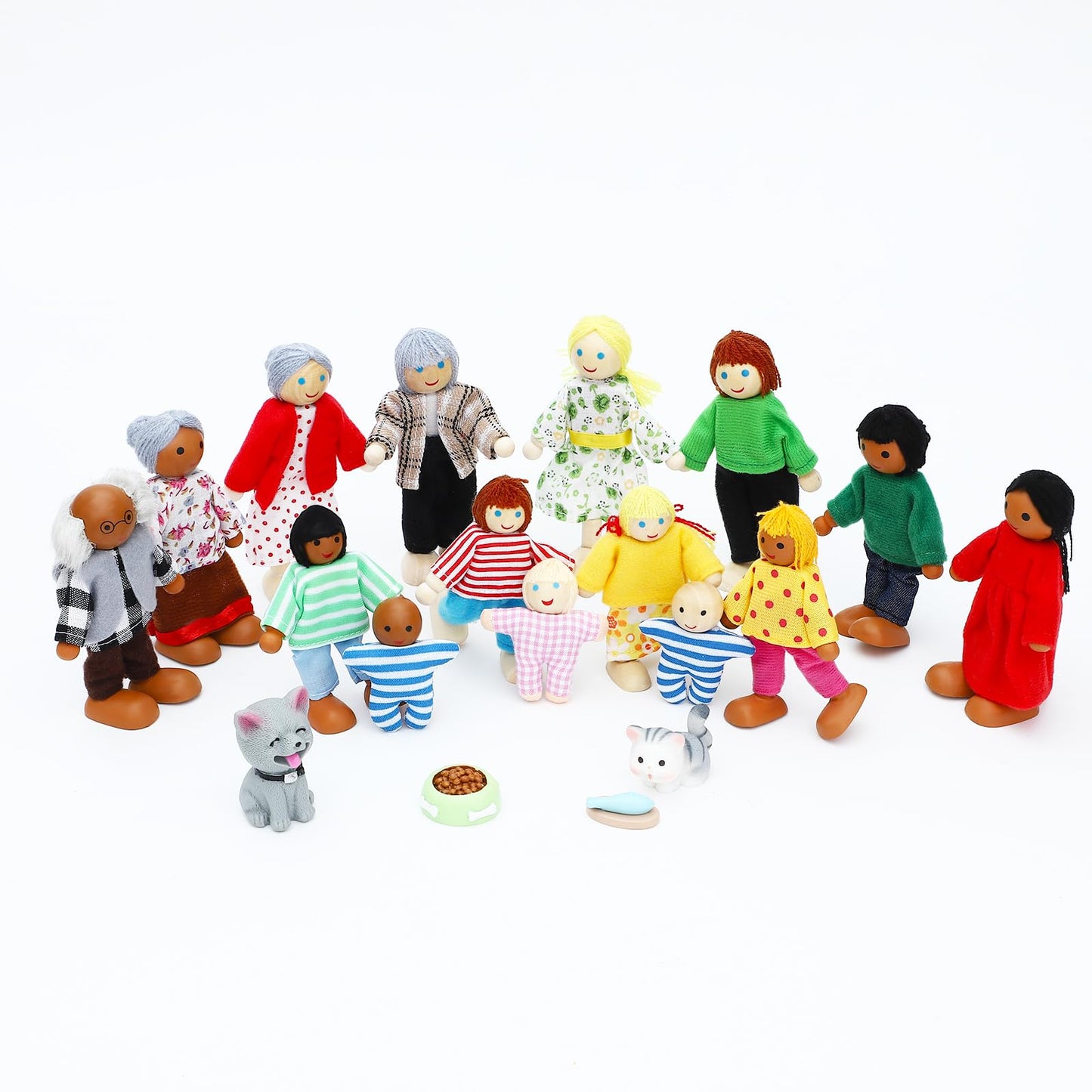 ONEST 20 Pieces Wooden Dollhouse Family Set Mini People Figures Dog Cat Sets Dollhouse Dolls Wooden Doll Family Pretend Play Fig