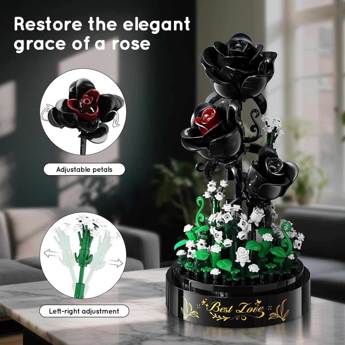 HiWEEGO Flower Bouquet Building Set with LED Lights - 310 PCS Halloween Black Rose Building Blocks Kit with Cover Flowers Botanical Collection Valentine's Day Gift for Girls mature-themed Women Home Decor