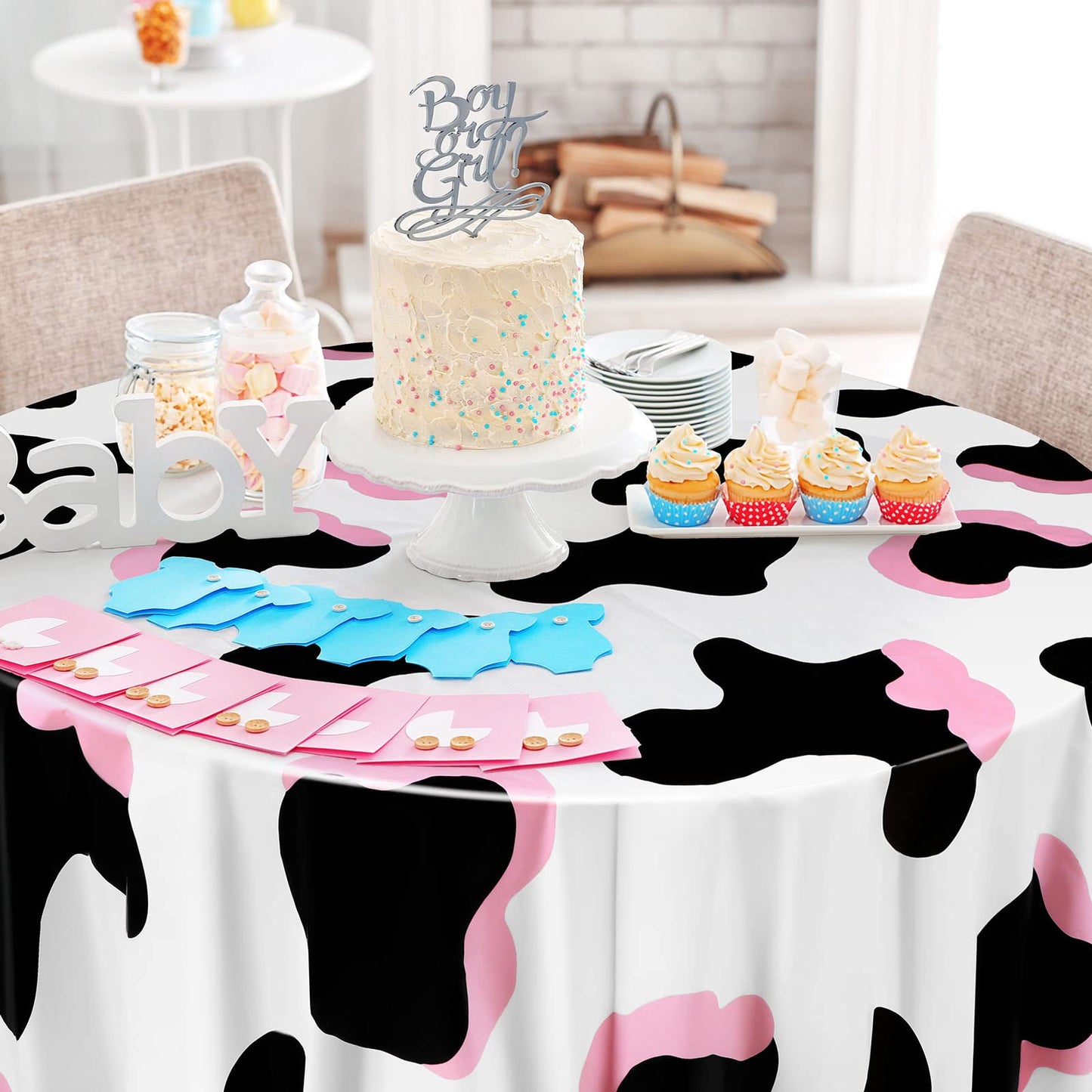 Oudain 3 Pcs Pink Cowgirl Cow Themed Table Cover Plastic Round Cow Themed Tablecloth 84 Inch Farm Animal Tablecloth Disposable B