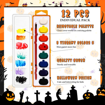Watersay 12 Pack Halloween Pumpkin Watercolor Paint Set for Kids 8 Washable Colors with Brushes Water Color Painting Kit for Hal