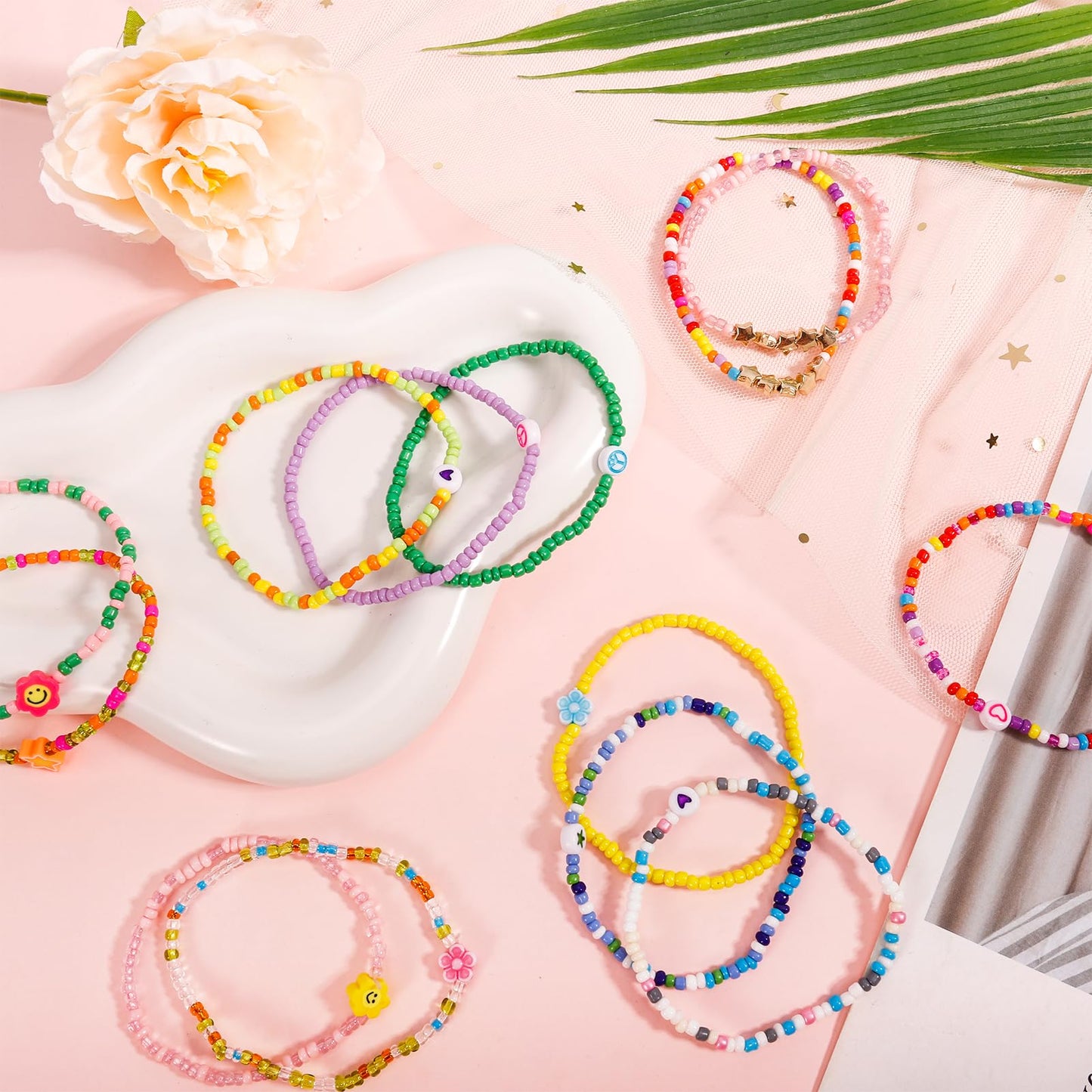 Guiqulai 48 Pcs Kids Friendship Bracelet Set,Colorful Adjustable Beaded Bracelets,Cute Stretch Preppy Bracelets,Stackable Clay S