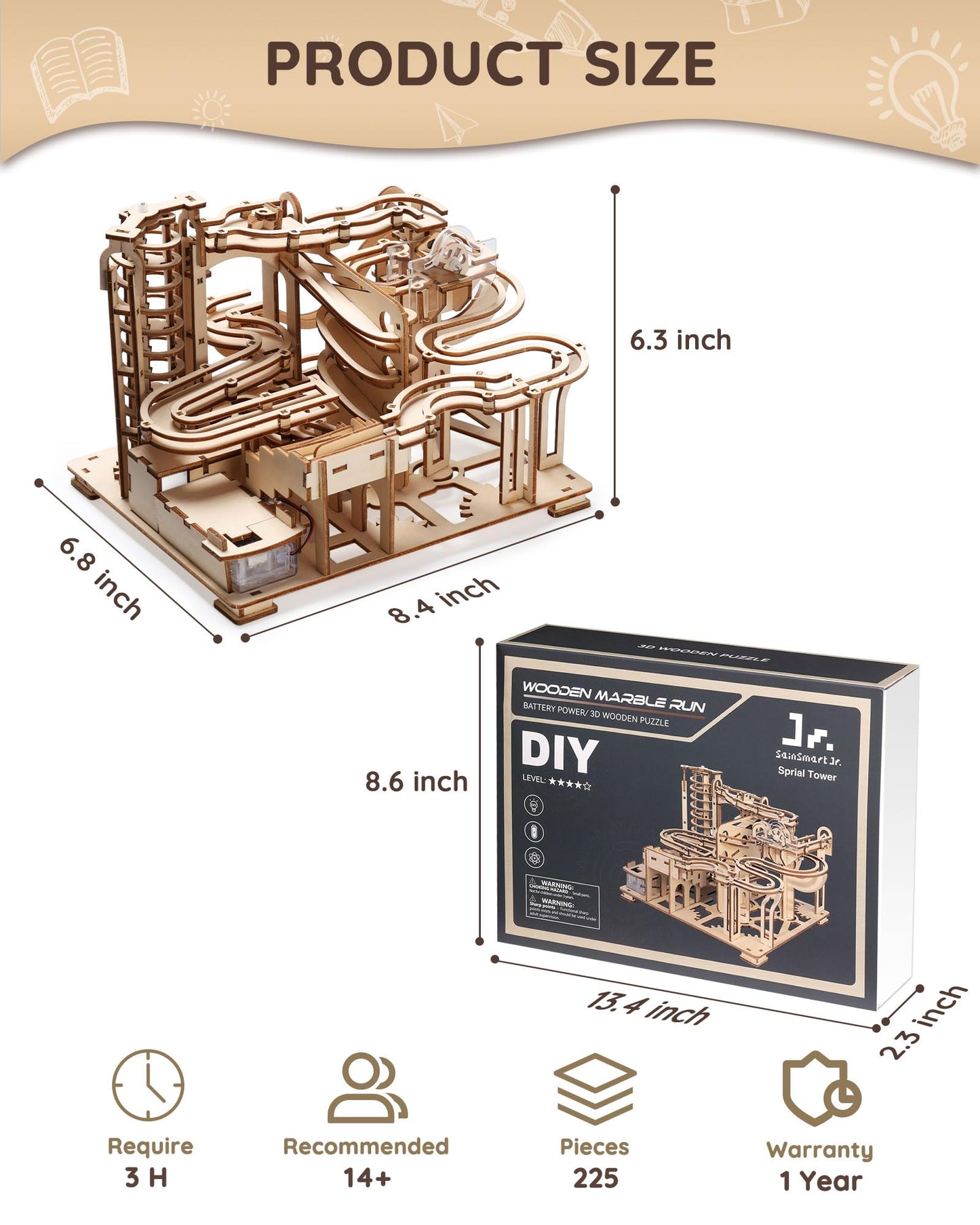 Sainsmart Jr. 3D Wooden Puzzles For Adults, 225 Pcs Marble Run Wood To Build, Electric Driven Mechanical Model Building Kit, Diy Gift For Aged 14+, Roller Coaster