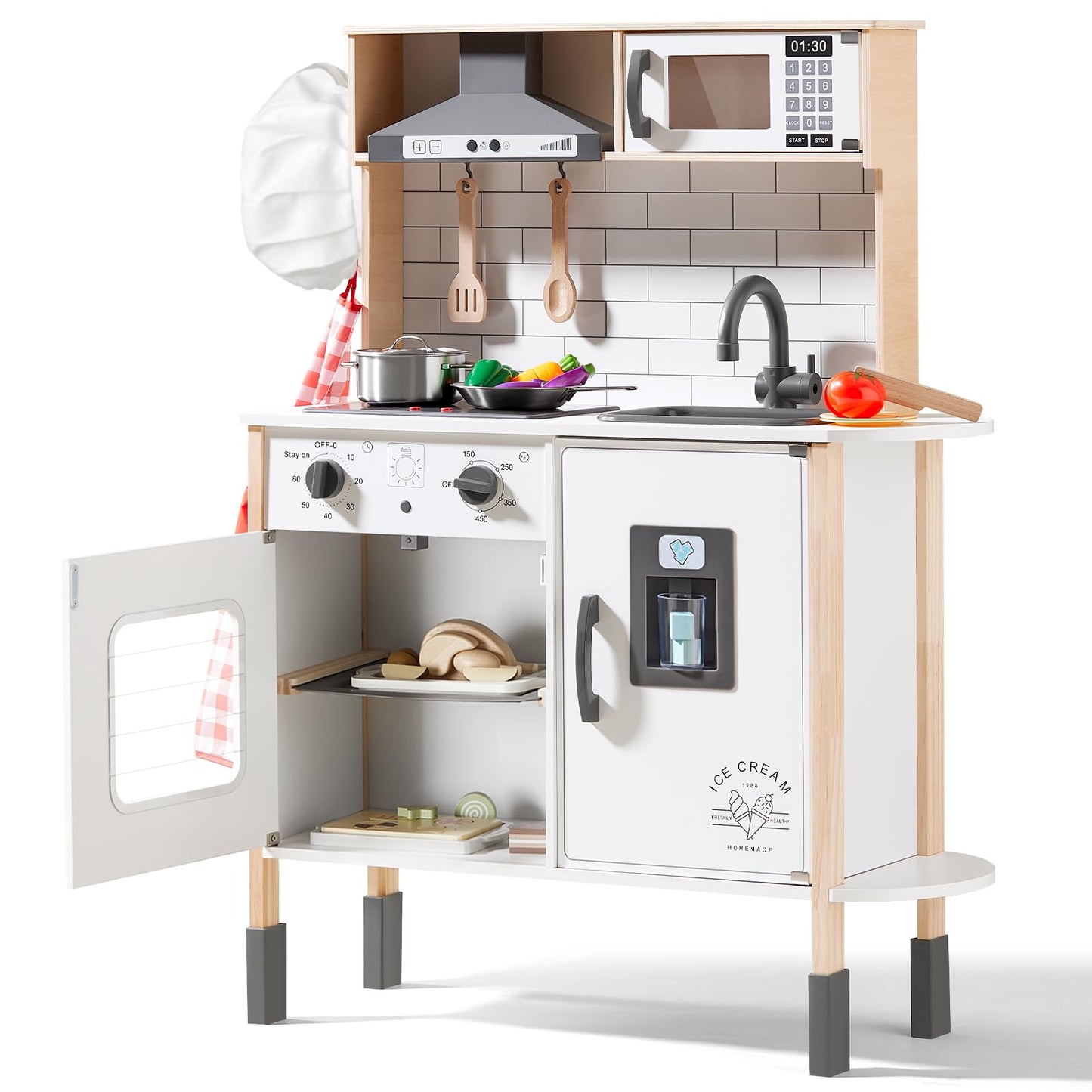 Tiny Land Play Kitchen for Kids, Wooden Kids Play Kitchen Playset Chef Pretend Play Set for Toddlers with Real Lights & Sounds,
