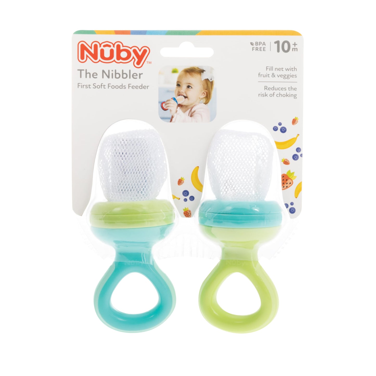 Nuby Nibbler Mesh First Soft Foods Feeder, 2Pk, Aqua & Green