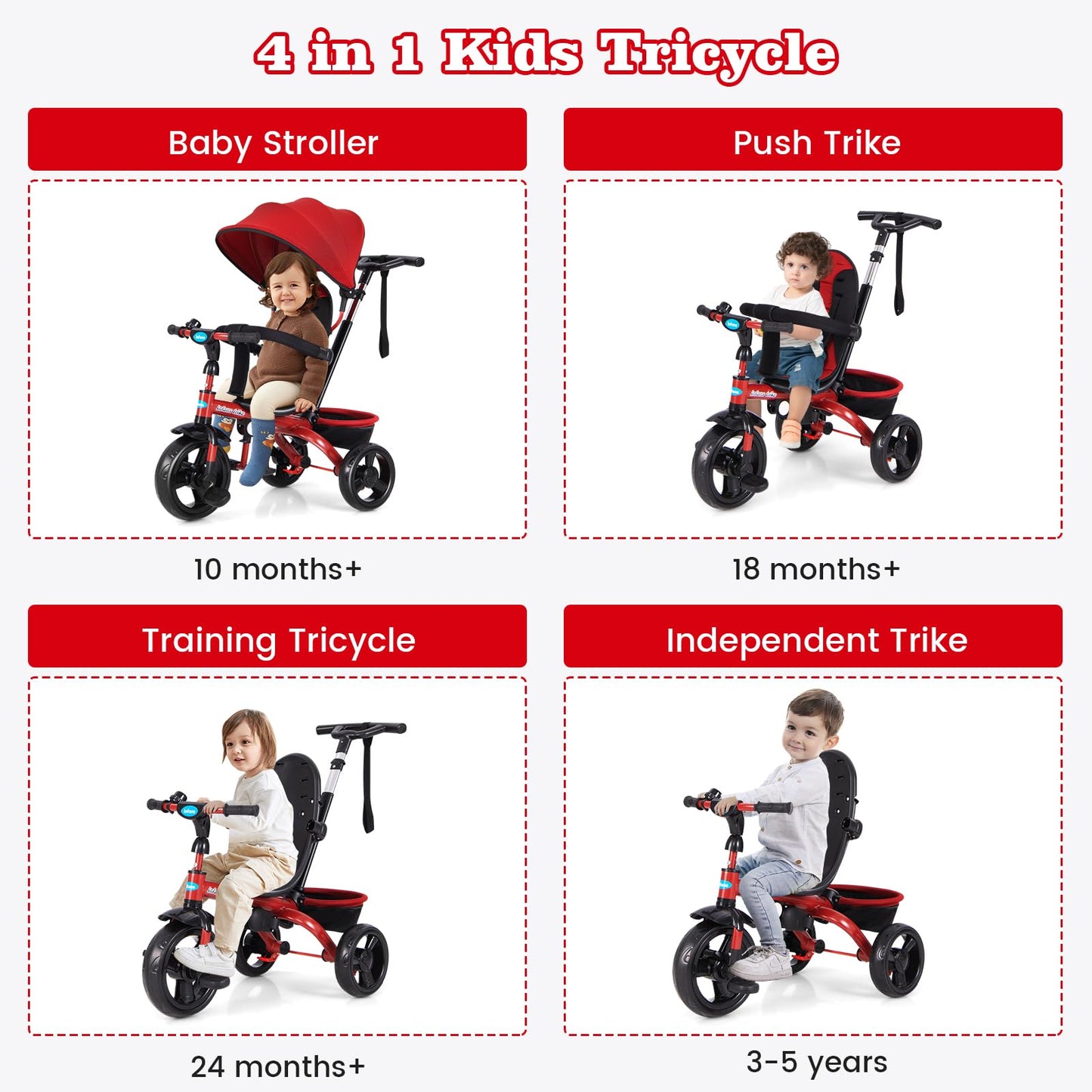 INFANS Kids Tricycle, 4 in 1 Stroll Trike with Adjustable Push Handle, Removable Canopy, Retractable Foot Plate, Lockable Pedal,