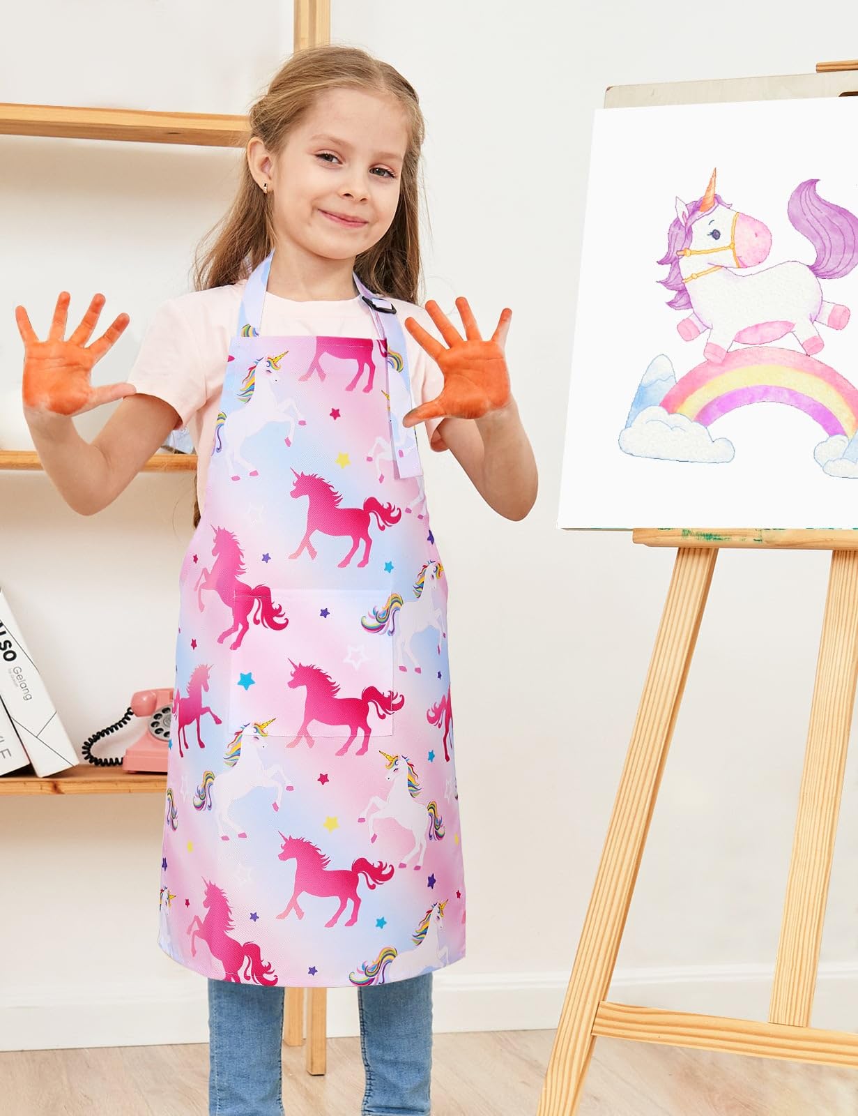 Wernnsai 2 Pack Kids Aprons - Kids Art Aprons For Girls Waterproof Toddler Chef Aprons For Cooking Baking Painting Gardening Apron For Kids With Pocket Kitchen Classroom Art Smocks 6-10 Years