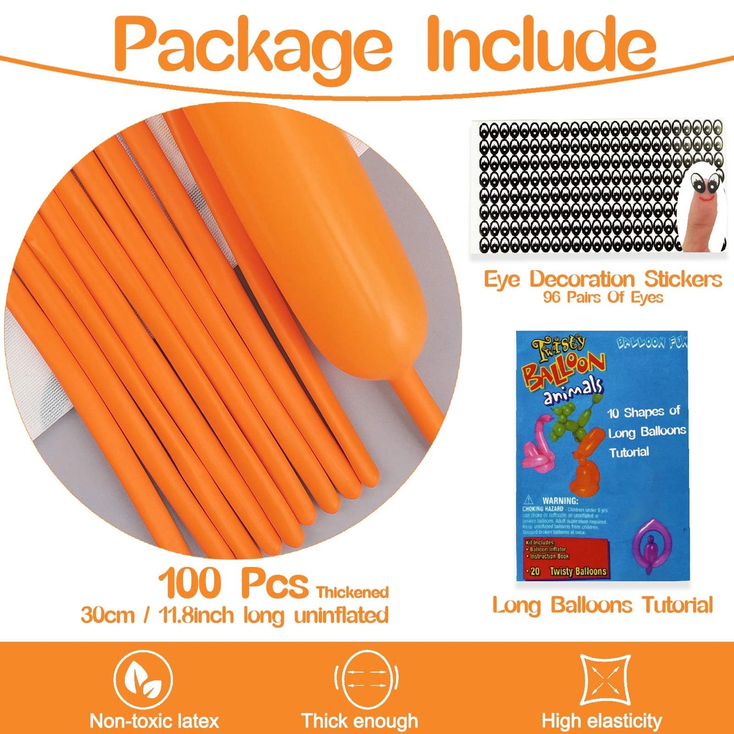 260 Balloons Orange, Thickened 100 Pack Long Balloons Twisting Skinny Magic Balloons For Balloon Arch Animals Clown Kids Birthda