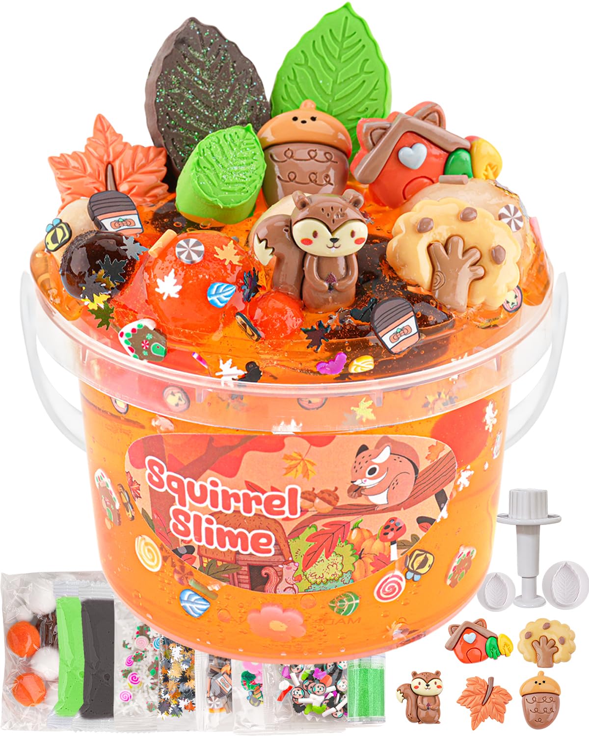 Squirrel Orange Slime Kit, Clear Slime Bucket With Slime Clay, 10 Packs Of Slime Add-Ins, Slime Party Favors For Kids, Sensory T
