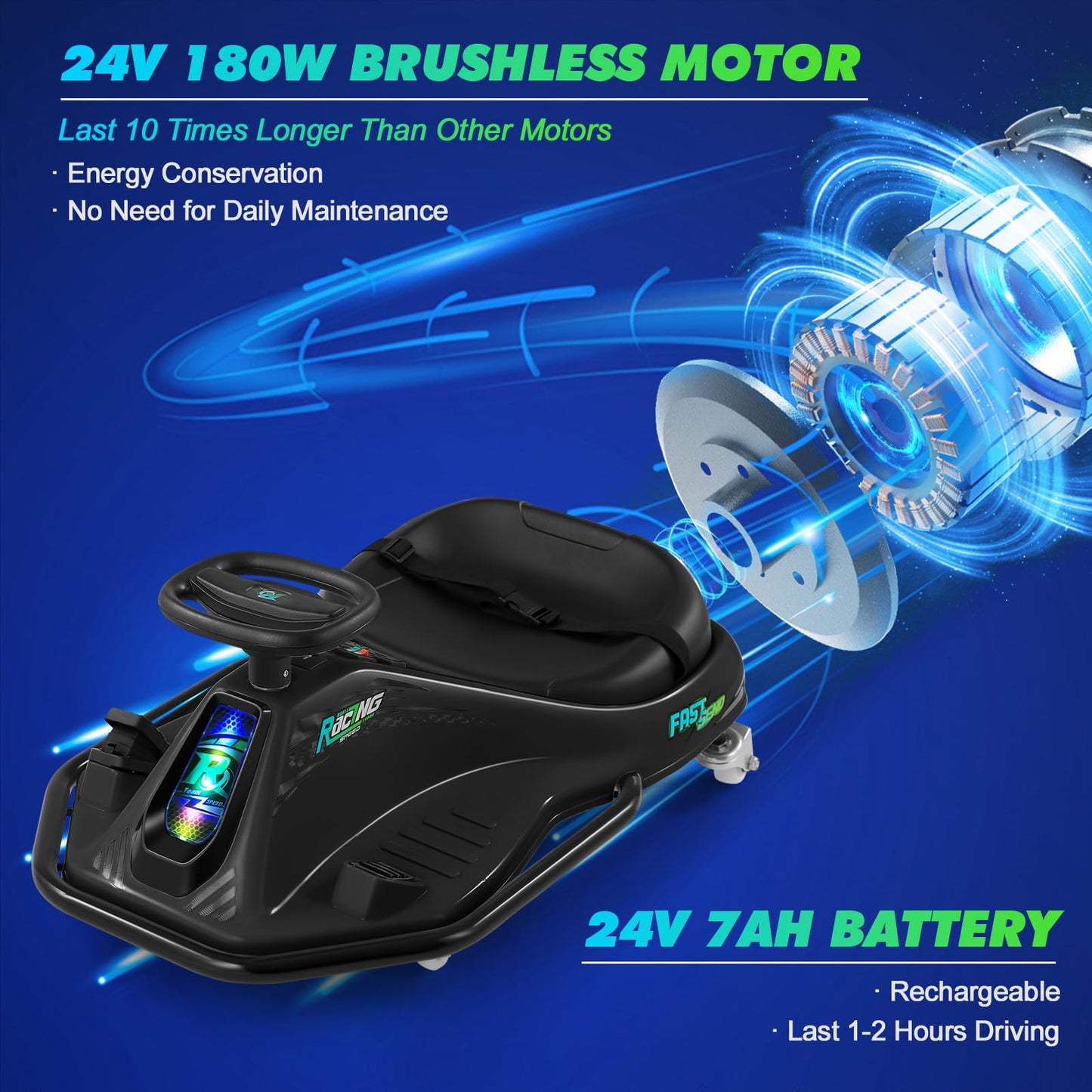 360 Degrees Rotating Ride On Drift Car And 2 Replacement Universal Wheels, 24V Electric Drifting Go Kart For Kids W/Brushless Mo