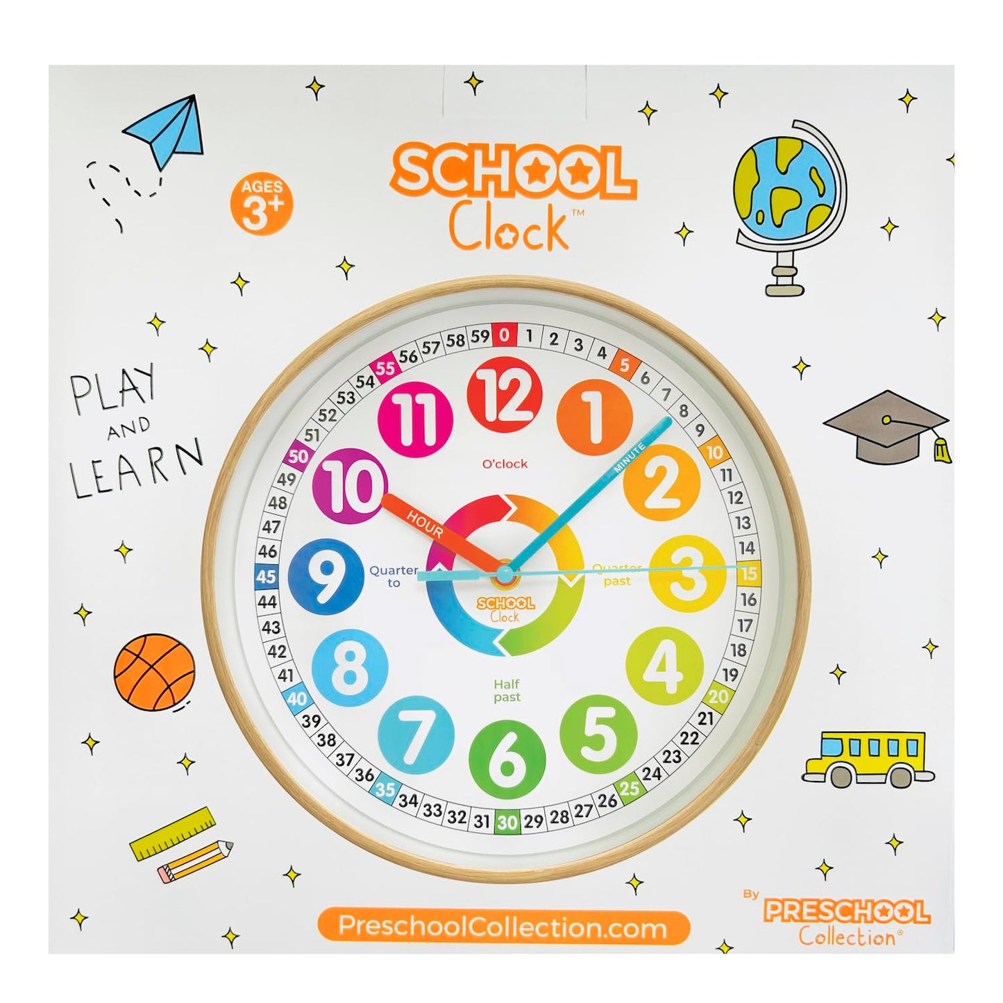 Animal Preschool Clock - Time Teacher 10 Inch Educational Silent Wall Clock With Wood Look Frame - Easy To Read Dial For Teacher