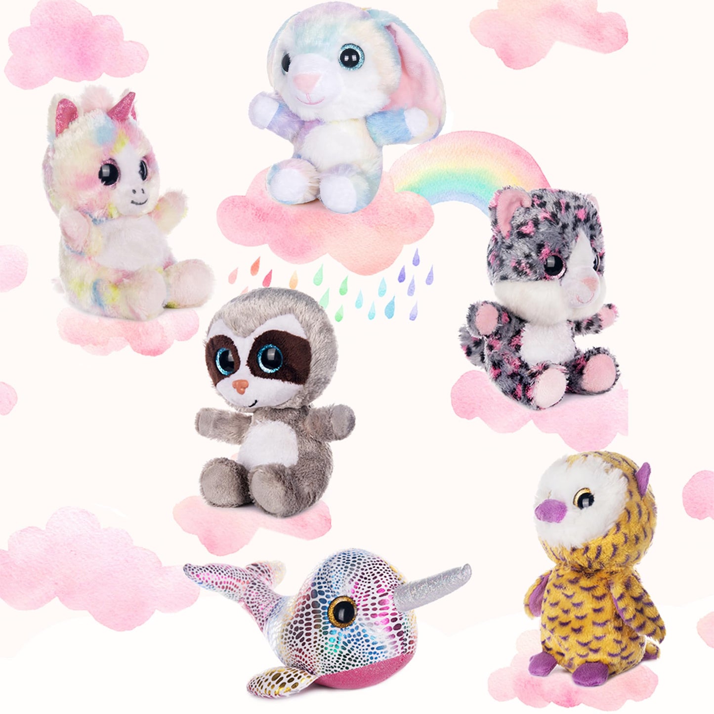 My Oli 7' Stuffed Animals Bundle Plush Toys Set Of Fairy Tale Plush Animal Toys Sloth/Unicorn/Rabbit/Narwhal/Owl/Cat Stuffed Animals Pack Of 6 For Babies Kids Girls Boys