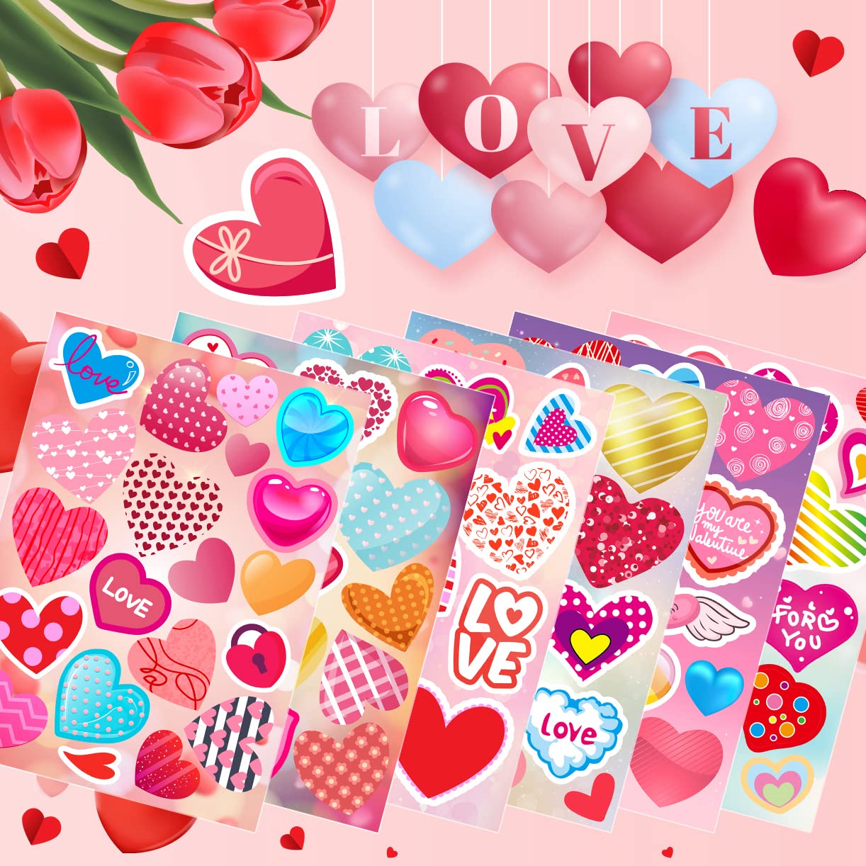 Karslora 30 Sheets Valentine Stickers, 490Pcs Heart Stickers, Valentine Stickers For Kids, Valentines Crafts Party Favors For Ki