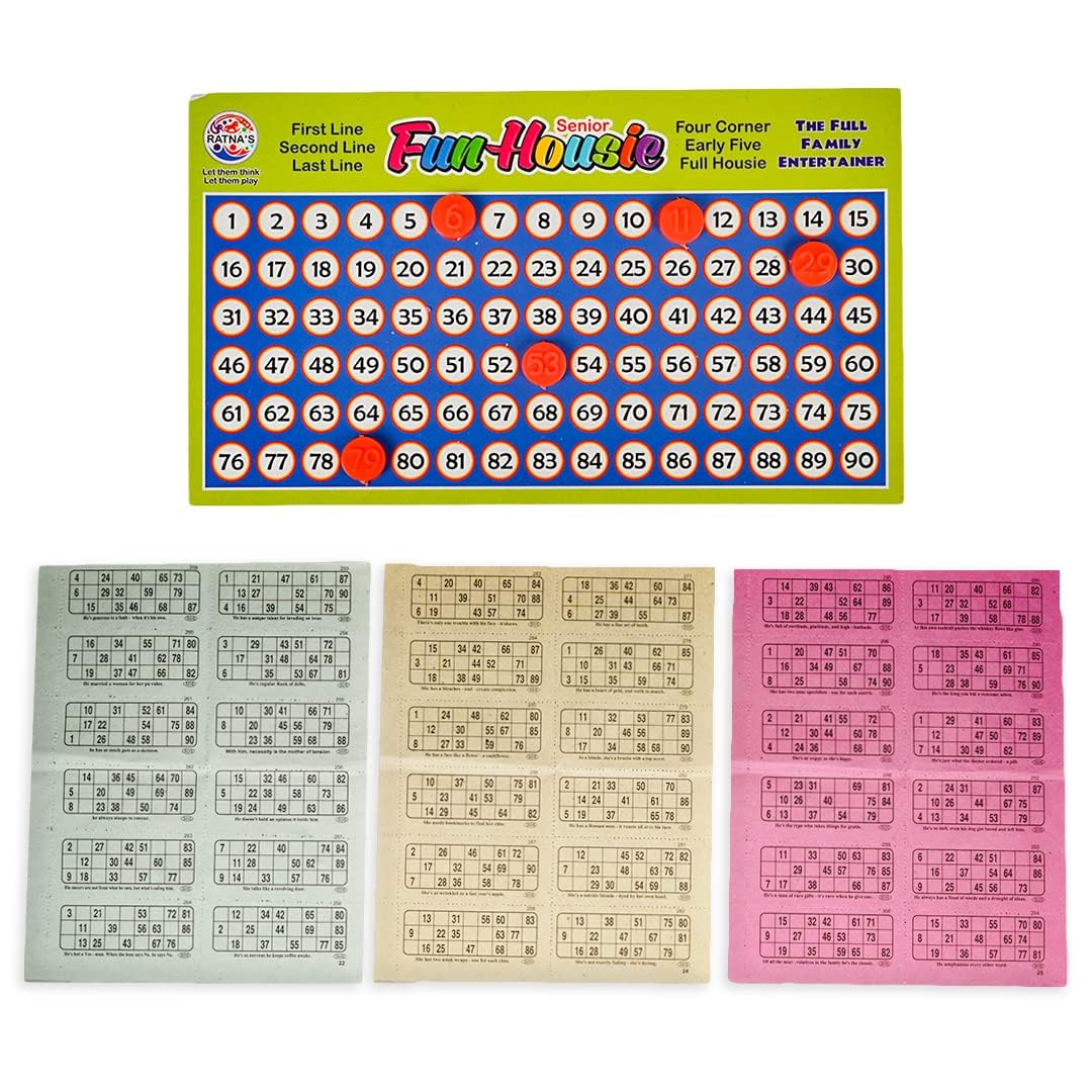 Ratna s Plastic Family Game Fun Housie Small with 120 Tickets Board Game, Multicolour, Fixing Checking Board, 90 Coins, and Tick