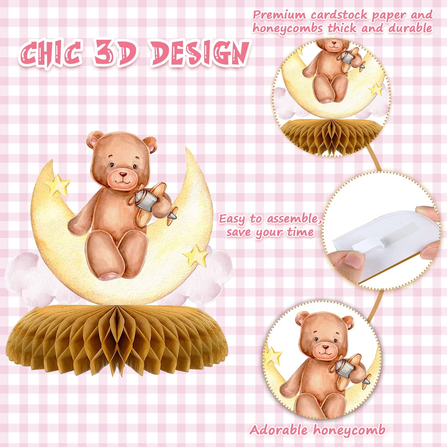 9 Pcs Bear Baby Shower Honeycomb Centerpieces Party Decorate Pink Little Bear Balloons Paper Topper Honeycomb 3D Table Decoration For Kids Party Baby Shower Party Supplies