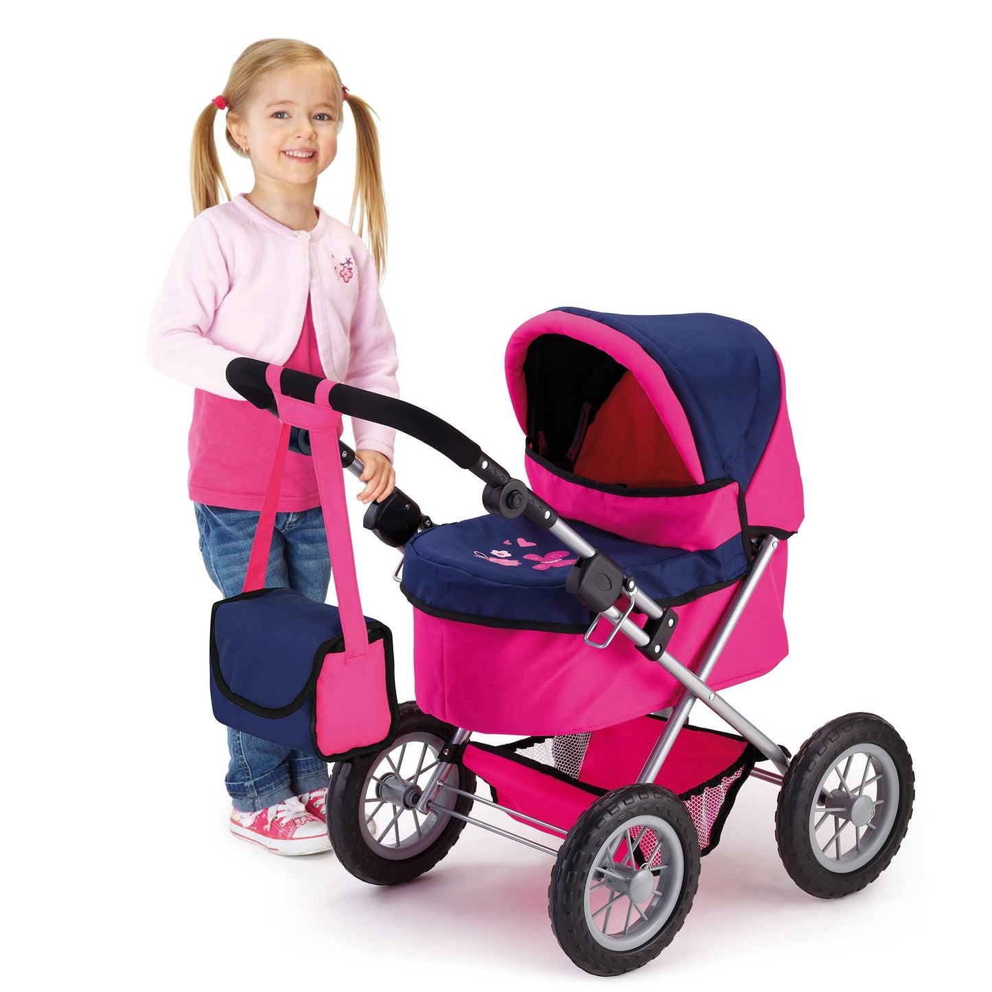 Bayer Design Dolls: Trendy Pram - Blue, Hot Pink, Butterfly - Includes Shoulder Bag, Fits Dolls Up To 18'', Adjustable Handle, K