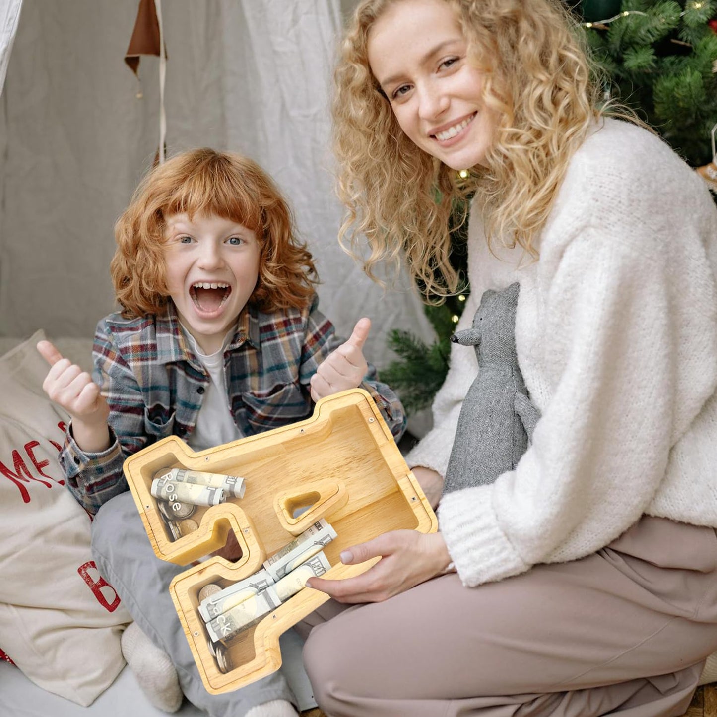 Bitreeworks Letter Piggy Bank, Personalized Wooden Coin Banks, Large Wood Money Peny Bank for Adults (9'', Alphabet E)