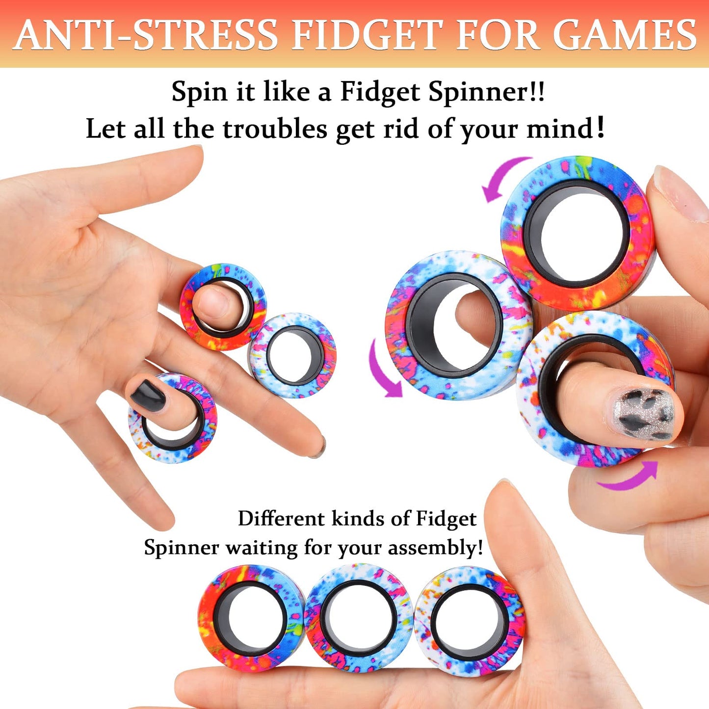 3Pcs Magnetic Rings Fidget Toy Set, Idea Adhd Anxiety Magnetic Fidget Toys Adults Fidget Spinner Rings For Relief, Easter Basket Stuffers Valentines Gifts For 8 9 10 11 12 13+ Year Old Teen Boy Girl A