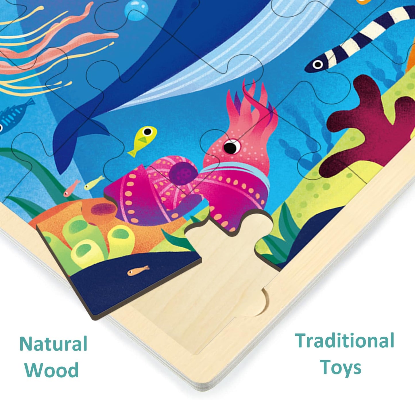 Moinkidz 24 Piece Puzzles For Kids Ages 3-5, Unique Shape Jigsaw Pieces Ocean Animal, Wooden Jigsaw Puzzle For 3 4 5 Year Old, Preschool Toddler Puzzle With Storage Tray