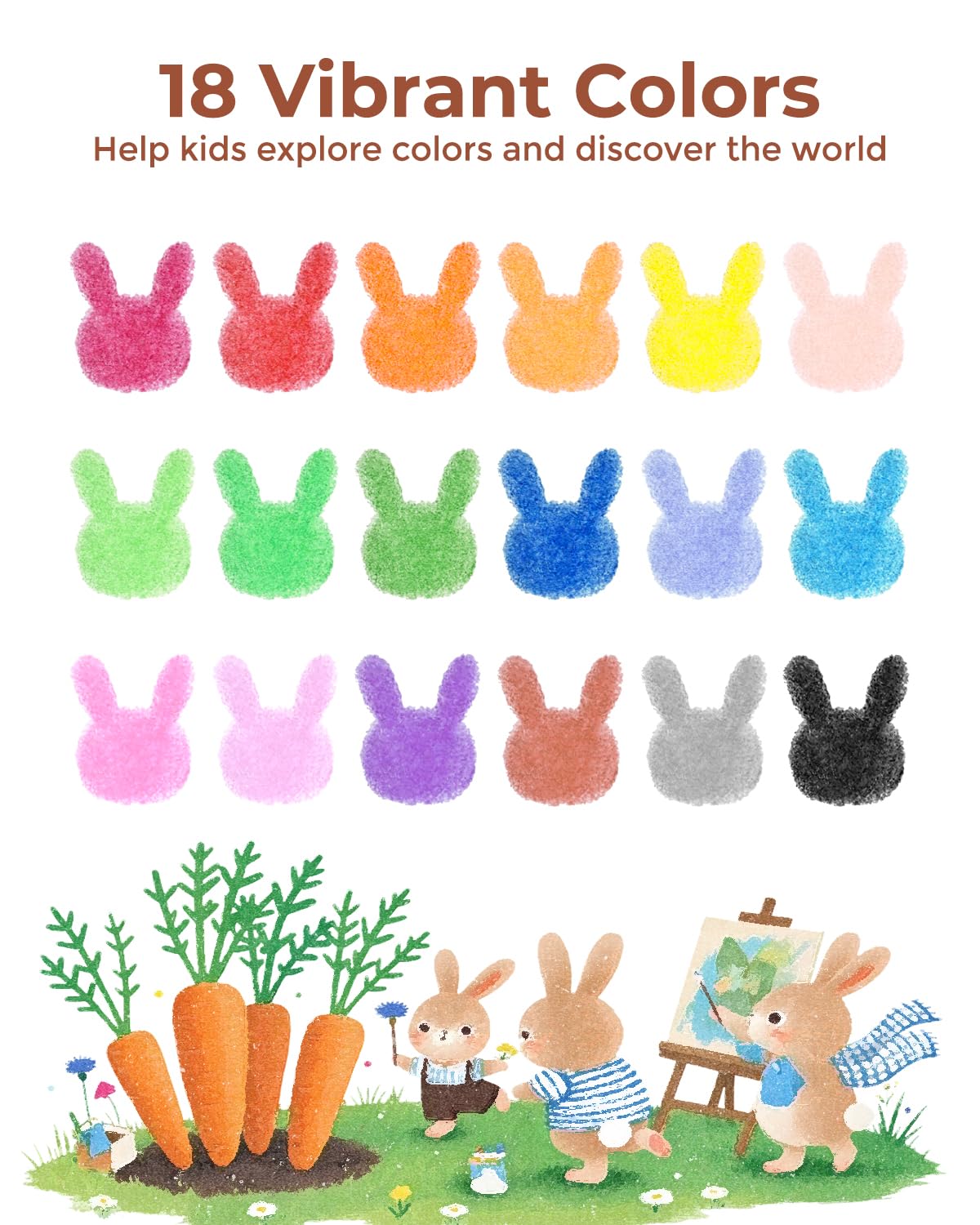 JUPITEARTH Beeswax Crayons for Kids, 18 Colors, Non-Toxic, Carrot-Shaped, Includes Coloring Book & 120 PDF Pages, Mess-Free Art Supplies
