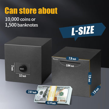 Hicocool Piggy Bank For Adults Password Stainless Steel Reusable Piggy Bank, Metal Money Box With Lock, Unbreakable Money Saving Box For Cash Saving(7.9 Inch, Black)