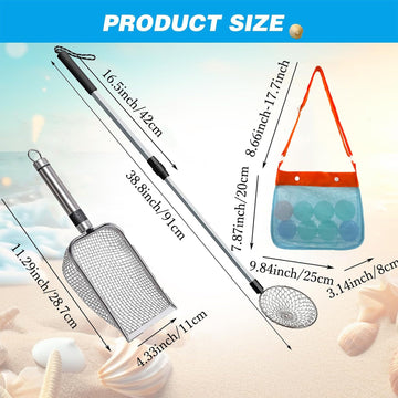 3Pcs Shelling Tools for Beach Include Beach Mesh Shovel, Sand Sifter with Extra Long Adjustable Handle and Mesh Beach Bag, Colle